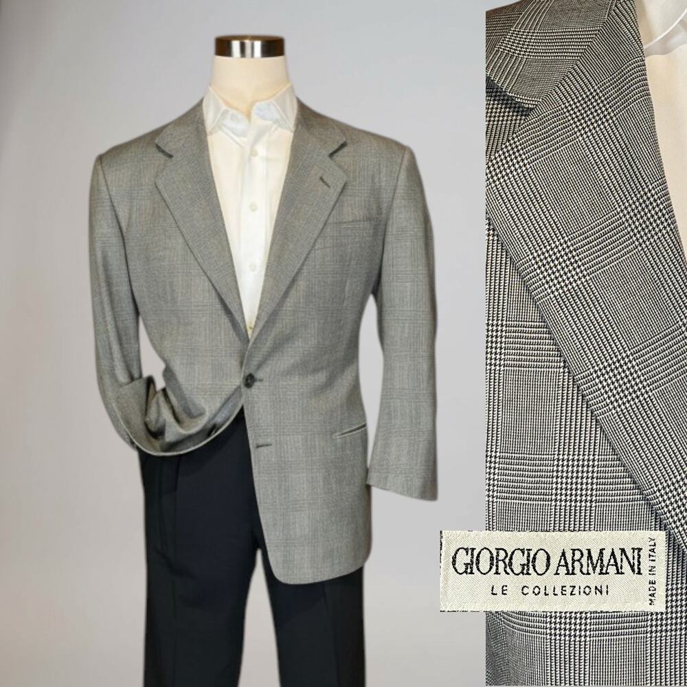 Vintage Giorgio Armani 42S Gray Black Glen Plaid Blazer 3/2 Roll Short Arms